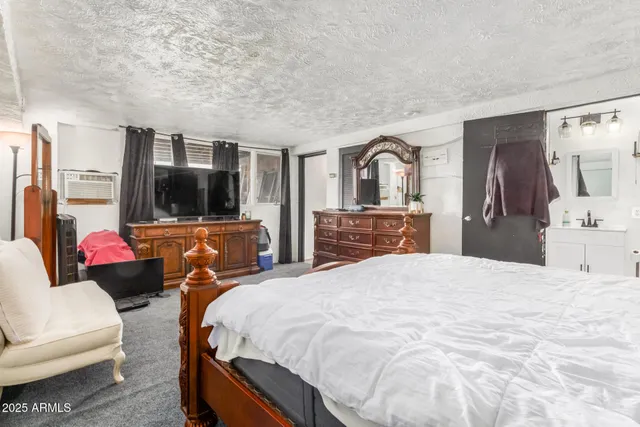 a spacious bedroom with a bed a couch and dresser