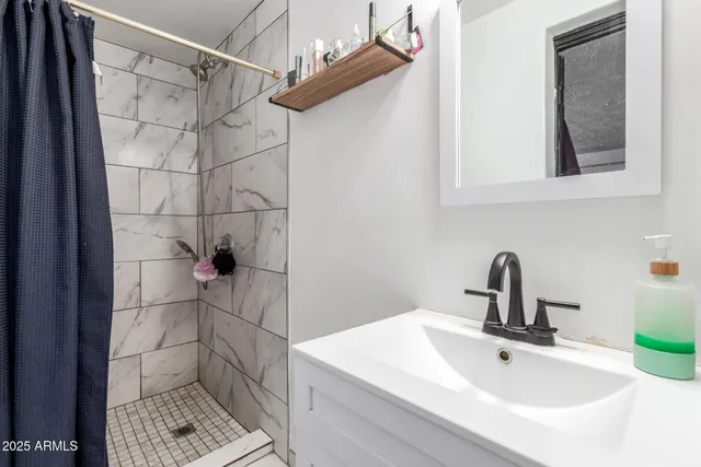 a bathroom with a sink and a shower