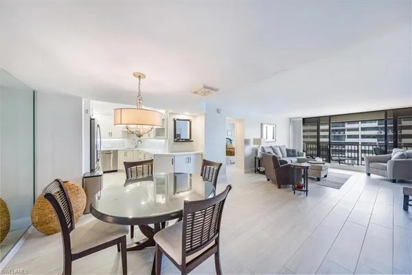a view of a dining room with furniture