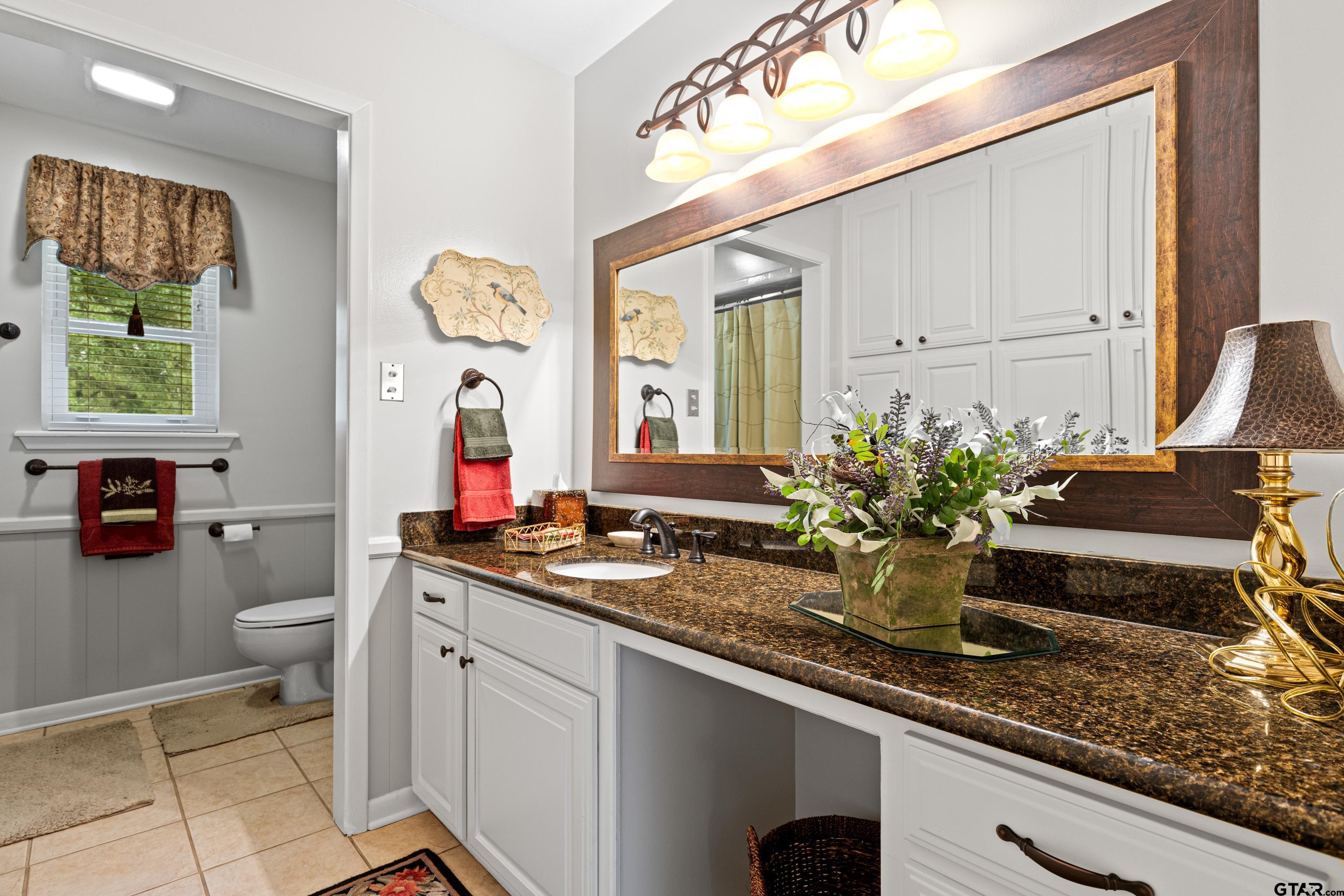 1610 Pinecrest Street Gilmer, TX 75644 - Photo 30 of 40 a bathroom with a granite countertop sink a large mirror and a toilet