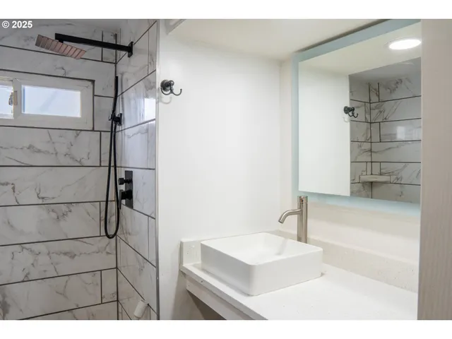 a bathroom with a sink and a shower