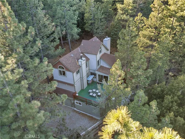 an aerial view of a house with a yard and large trees