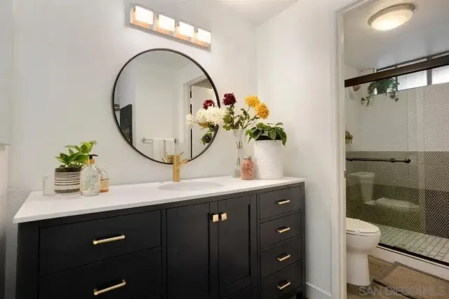 a bathroom with a sink mirror and toilet