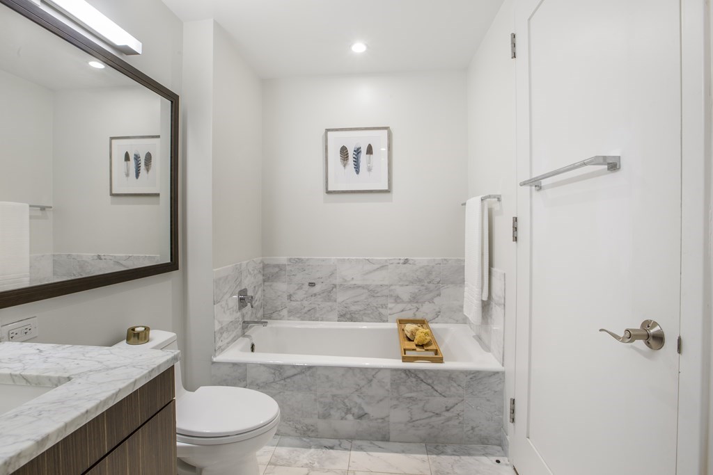 580 Washington Street, Unit 404 Boston, MA 02111 - Photo 18 of 34 a bathroom with a granite countertop bathtub shower sink vanity and toilet
