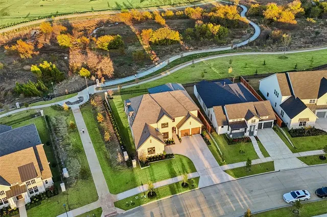 an aerial view of a swimming pool
