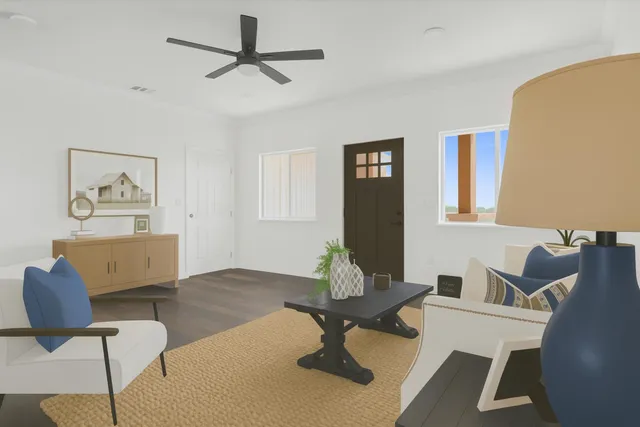 a workspace with furniture and window