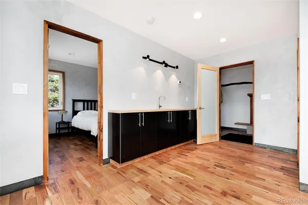 a bedroom with a bed and a closet