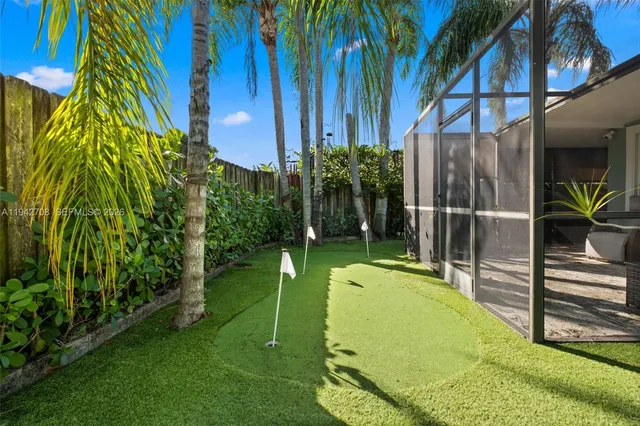 a view of a park with a palm tree