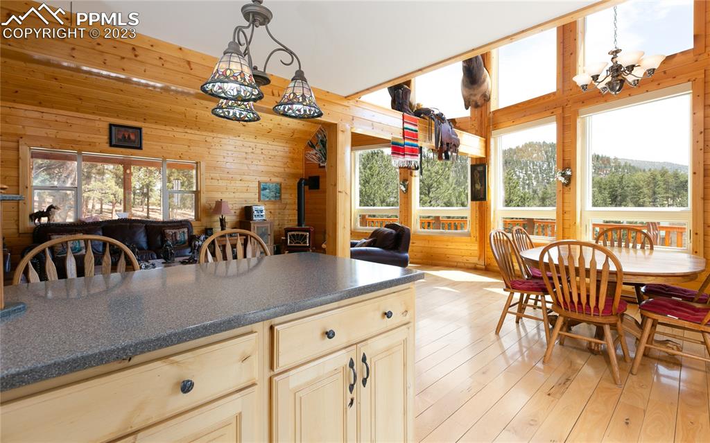 1321 Bristlecone Road Guffey, CO 80820 - Photo 11 of 37 a view of a dining room and livingroom with furniture wooden floor a chandelier