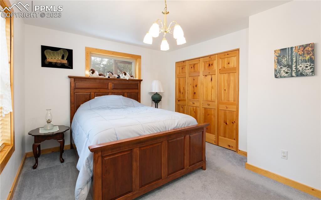 1321 Bristlecone Road Guffey, CO 80820 - Photo 20 of 37 a spacious bedroom with a bed and a chandelier