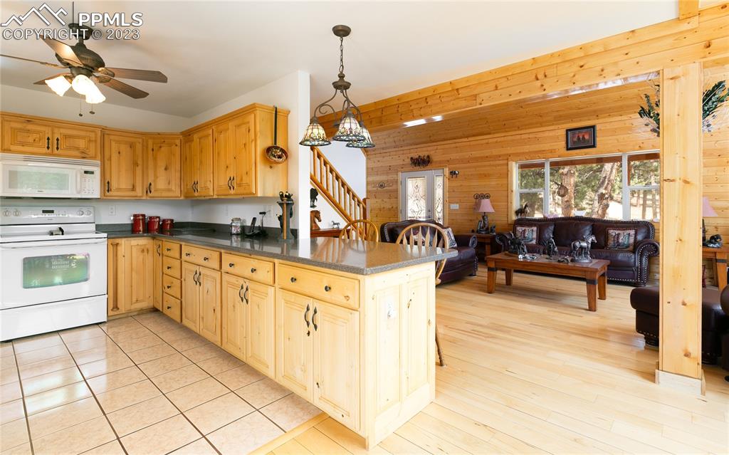1321 Bristlecone Road Guffey, CO 80820 - Photo 10 of 37 a kitchen with stainless steel appliances granite countertop a stove and white cabinets with wooden floor