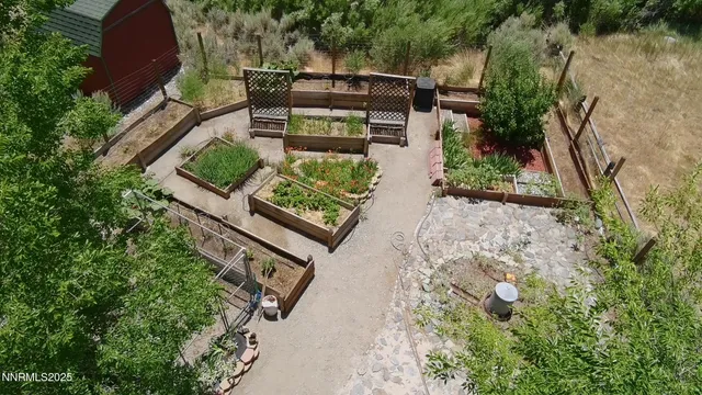 an outdoor space with seating area