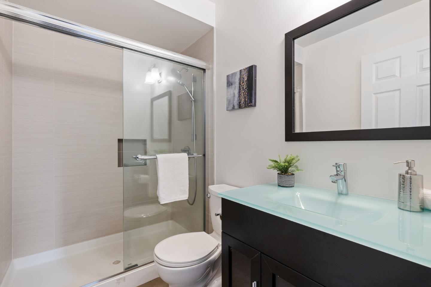 735 Clearfield Drive Millbrae, CA 94030 - Photo 54 of 64 a bathroom with a sink a toilet a mirror and shower