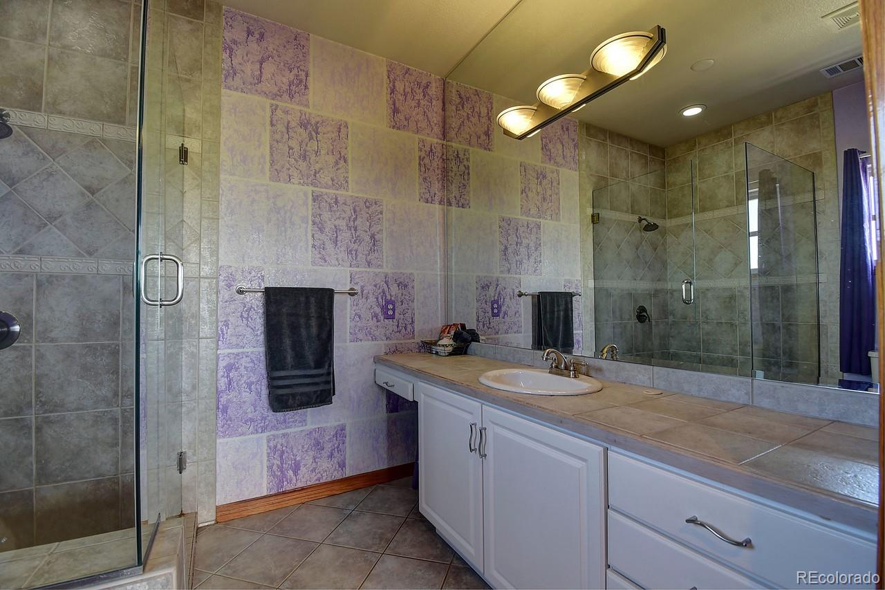 14855 Almstead Street Hudson, CO 80642 - Photo 20 of 39 a spacious bathroom with a granite countertop sink a mirror and shower