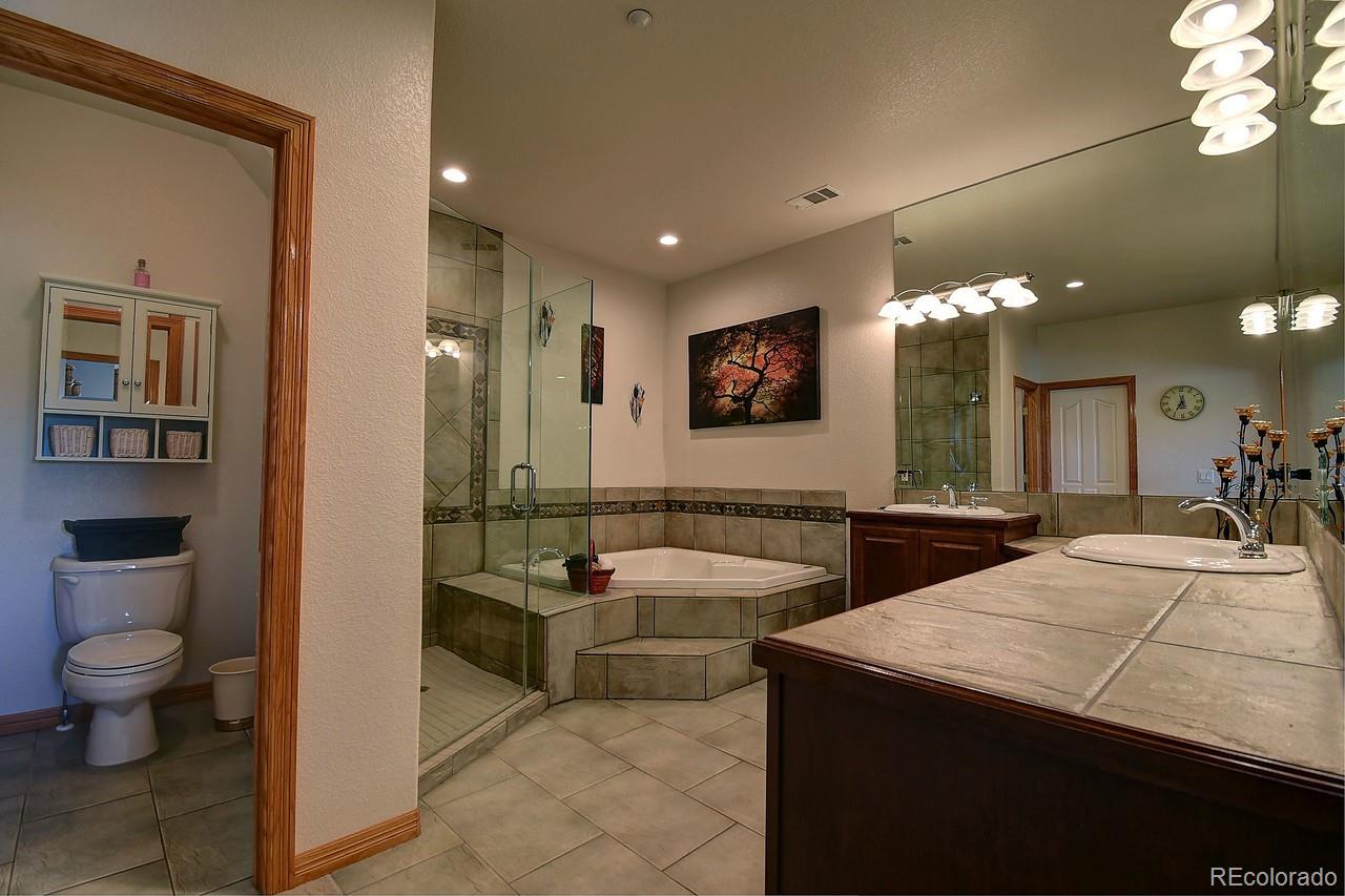 14855 Almstead Street Hudson, CO 80642 - Photo 32 of 39 a spacious bathroom with a granite countertop sink a toilet a mirror and shower
