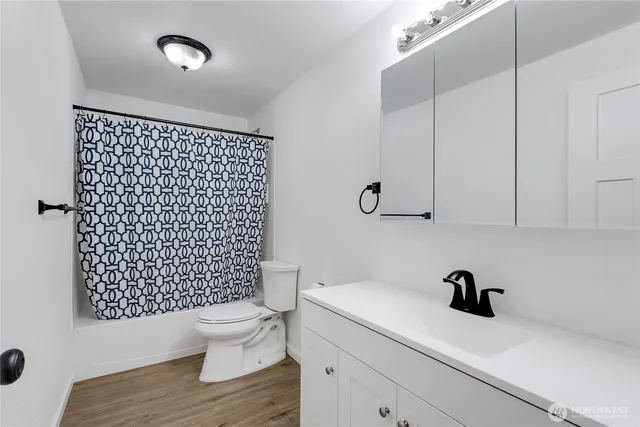 a bathroom with a sink a toilet and a shower