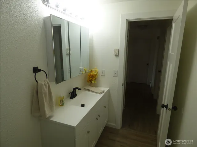 a view of a bathroom with wooden floor