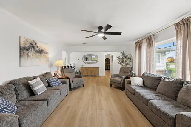 a view of dining room with wooden floor