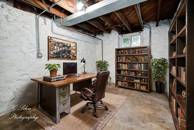 a view of an empty room with storage