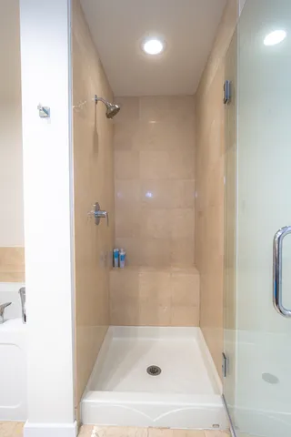 a bathroom with a bath tub