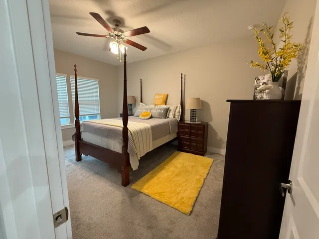 a bed room with a bed dresser and a flat screen tv