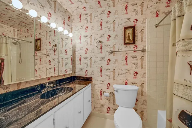 a bathroom with a granite countertop toilet sink and mirror