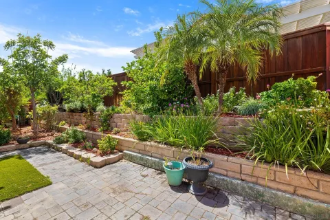 a view of a backyard with chair and flower plants