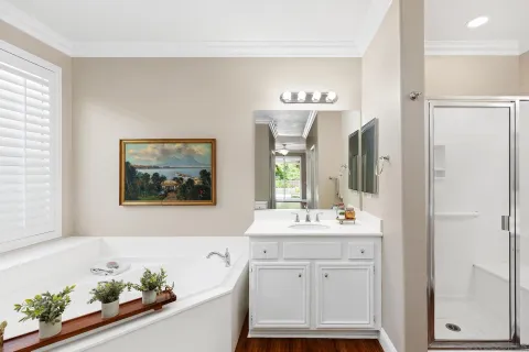 a bathroom with a bathtub sink and mirror