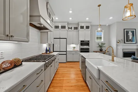 a large kitchen with cabinets