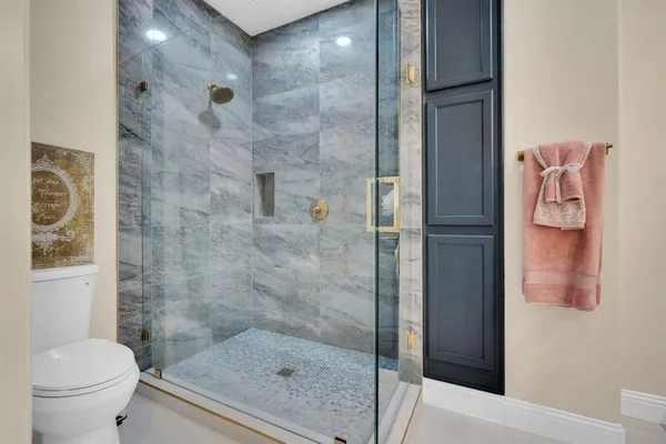 a bathroom with a shower and a toilet
