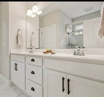 a bathroom with double vanity sink a mirror and shower