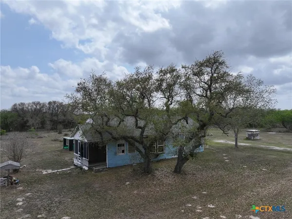 a view of a dry yard with trees