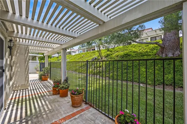a garden view with a seating space