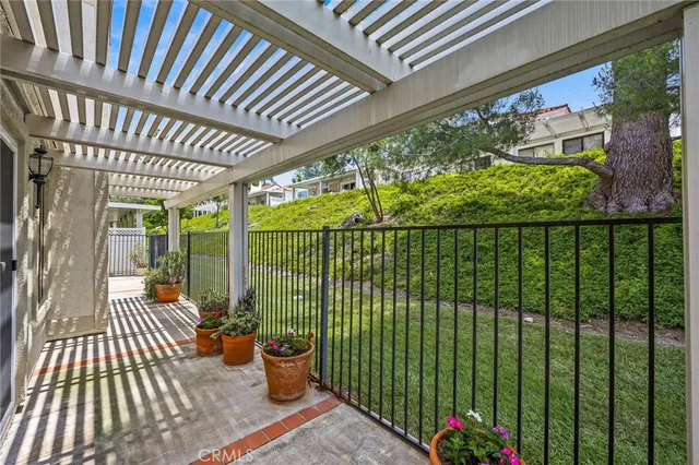 a garden view with a seating space