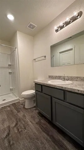 a bathroom with a sink a toilet a shower and a mirror