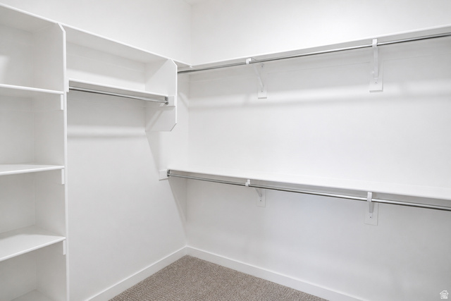 1004 West Paramount Cove South, Unit 315 Ogden, UT 84405 - Photo 20 of 42 Primary walk-in closet featuring white built-in shelving, chrome hanging rods, and light brown carpet