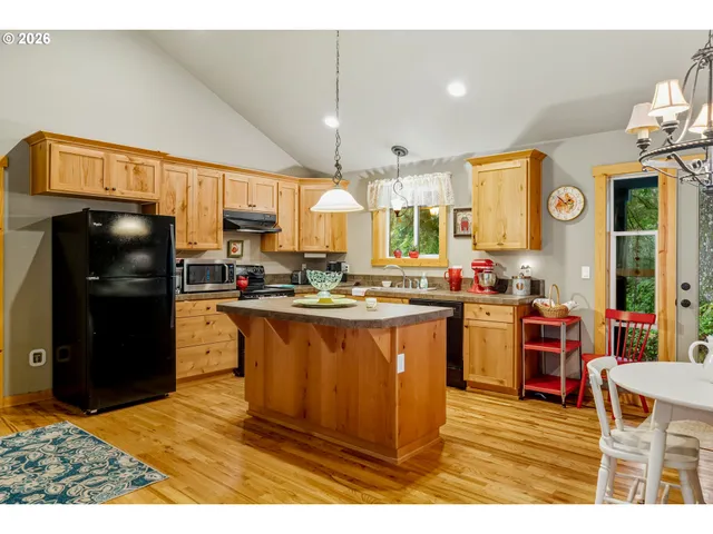 a kitchen with stainless steel appliances granite countertop a refrigerator a sink dishwasher a stove and a dining table with wooden floor