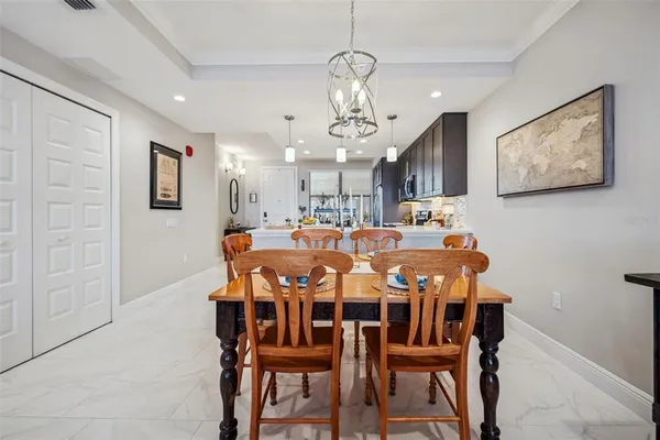 a view of a dining room with furniture