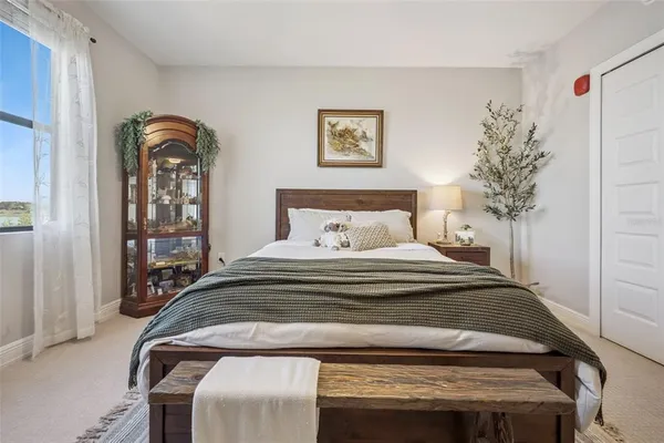 a bedroom with a bed and a potted plant
