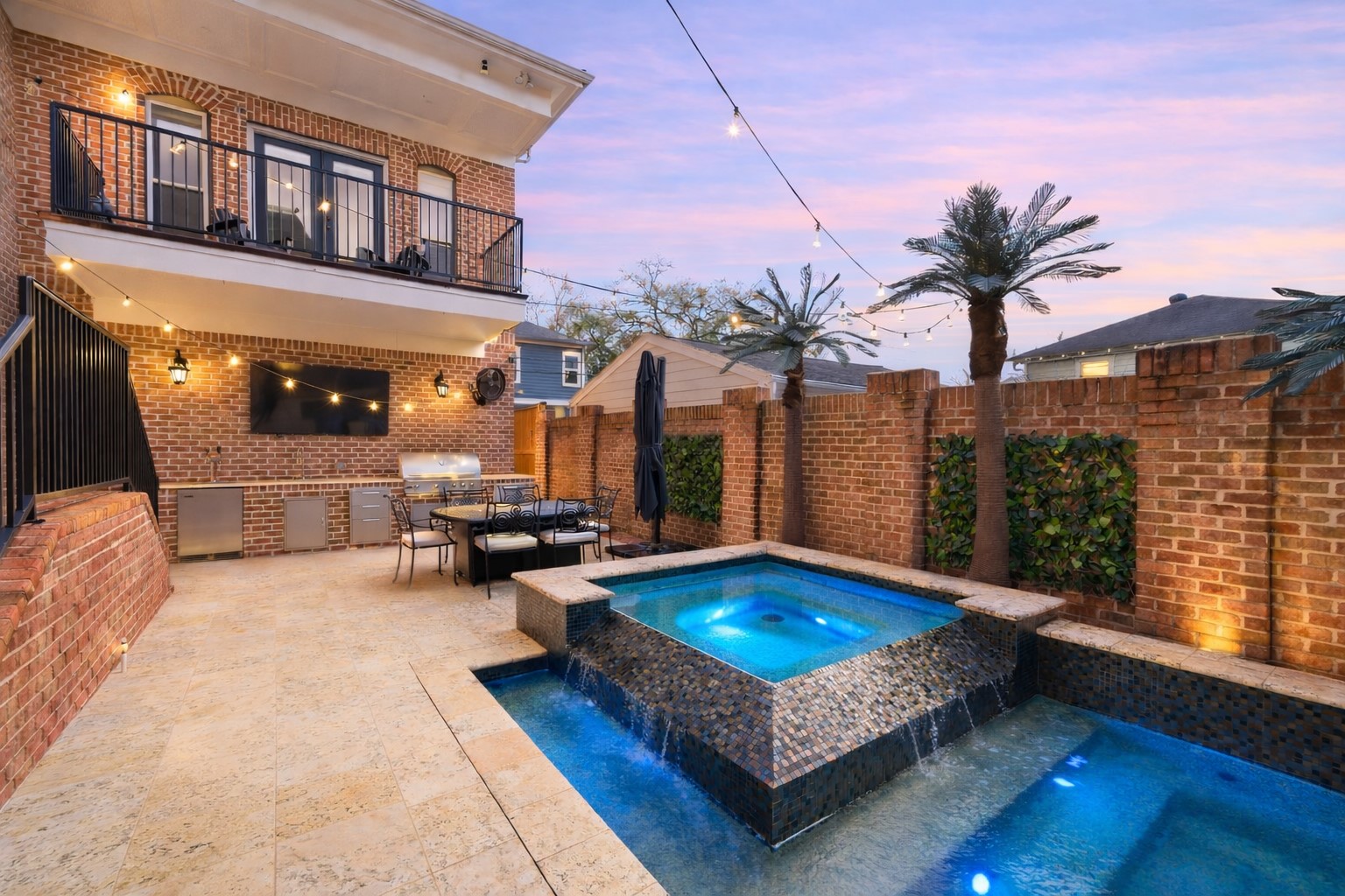 1418 Columbia Street Houston, TX 77008 - Photo 2 of 48 A backyard retreat designed for unforgettable evenings. Pool and spa with cascading water feature, summer kitchen (2022) with built-in grill, warming drawer, beer taps, TV, and café lights overhead creating the perfect setting