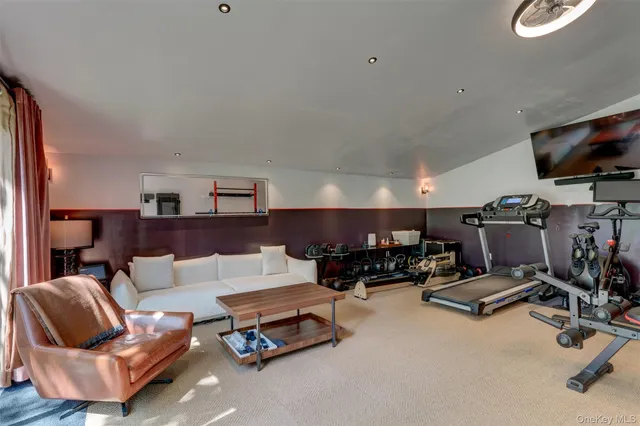 a living room with furniture gym equipment and a flat screen tv