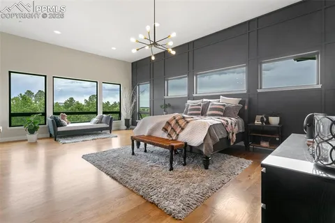 a bed room with furniture and a large window
