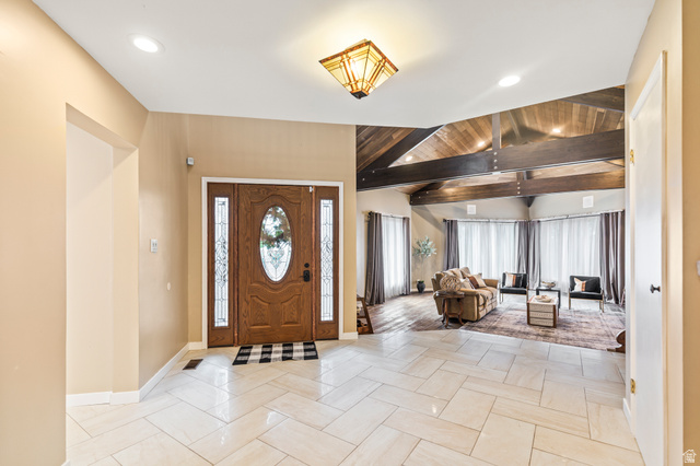 460 Omni Point Road Central Valley, UT 84754 - Photo 5 of 101 Foyer featuring herringbone-patterned tile flooring, a recessed lighting scheme, and a decorative ceiling fixture