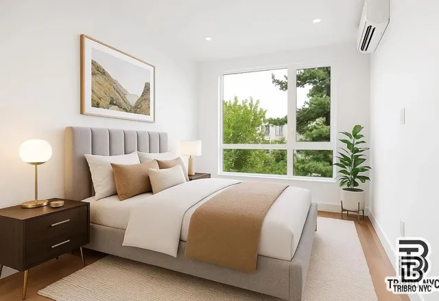 a large white bed sitting in a bedroom next to a window
