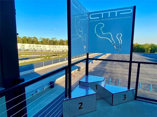 an aerial view of a pool