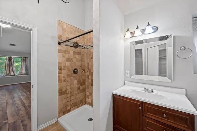 a bathroom with a sink a mirror and a shower