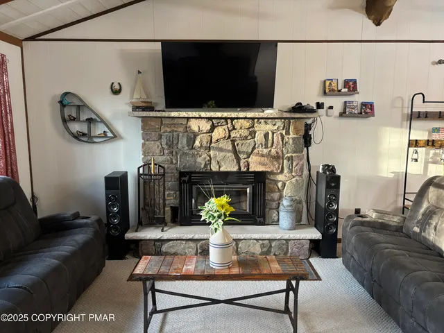 a living room with furniture a flat screen tv and a fireplace