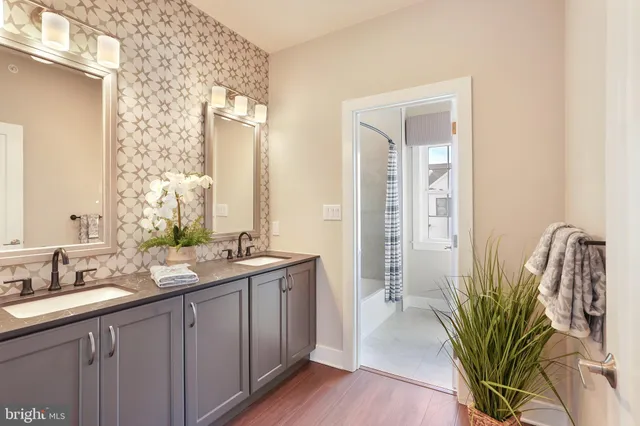 a bathroom with a granite countertop sink a potted plant and a mirror