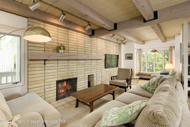 a living room with furniture windows and a fireplace