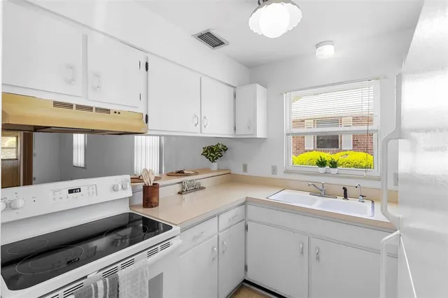 a kitchen with a sink a stove and cabinets